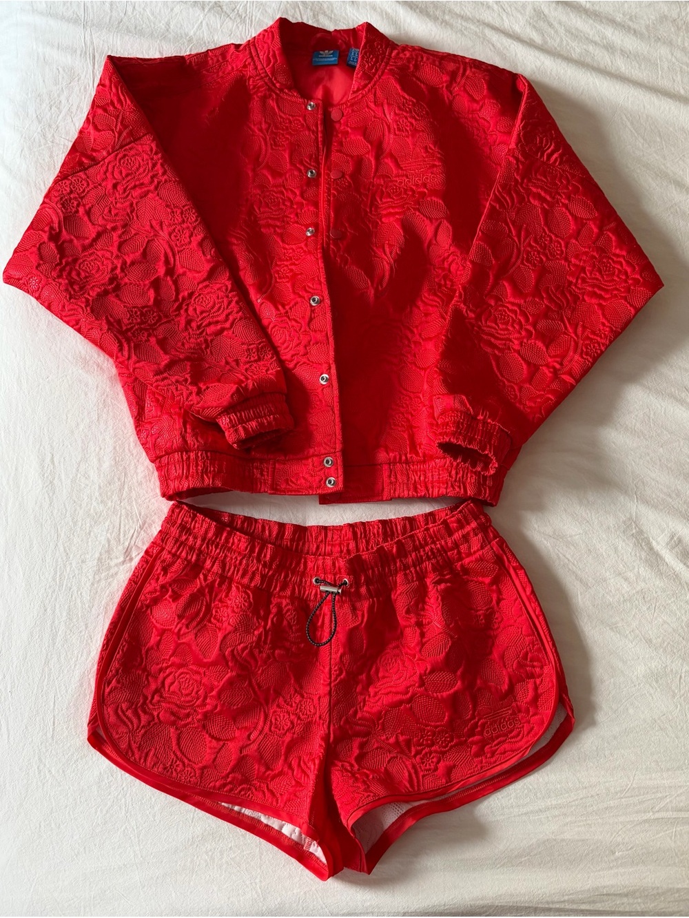 Adidas Red Floral Jacquard Embossed Jacket & Shorts Set